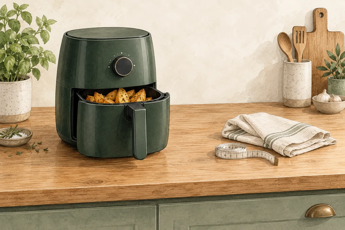 Generic air fryer illustration with an open basket on a clear countertop