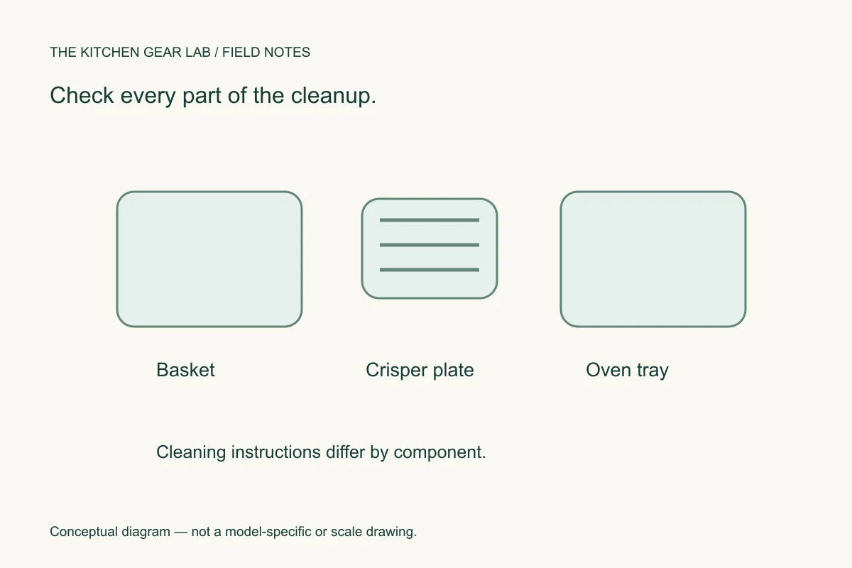 Removable basket, crisper plate and oven tray shown as separate cleaning tasks