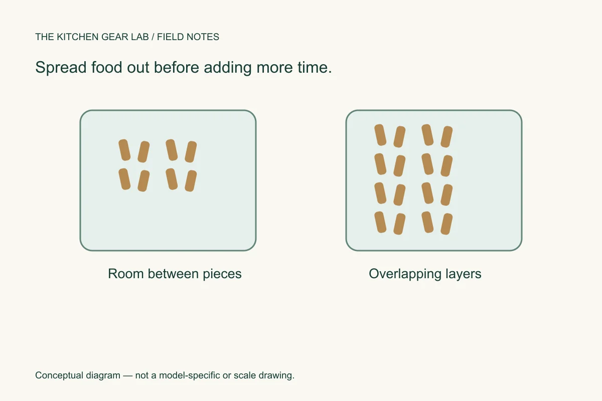 Spaced food in one basket compared with overlapping pieces in another