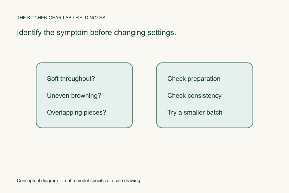 Three food symptoms paired with preparation, consistency and loading checks