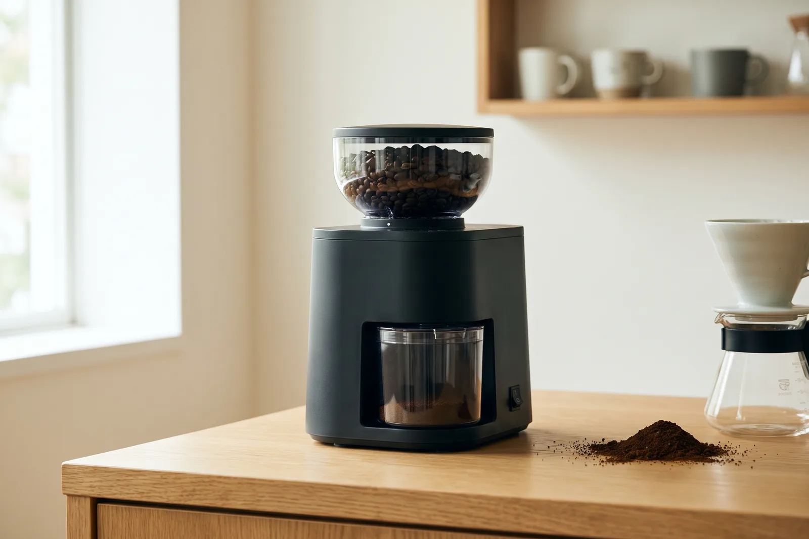 Matte black Baratza Encore burr grinder on an oak counter beside a pour-over dripper, a glass server and a pile of fresh grounds.