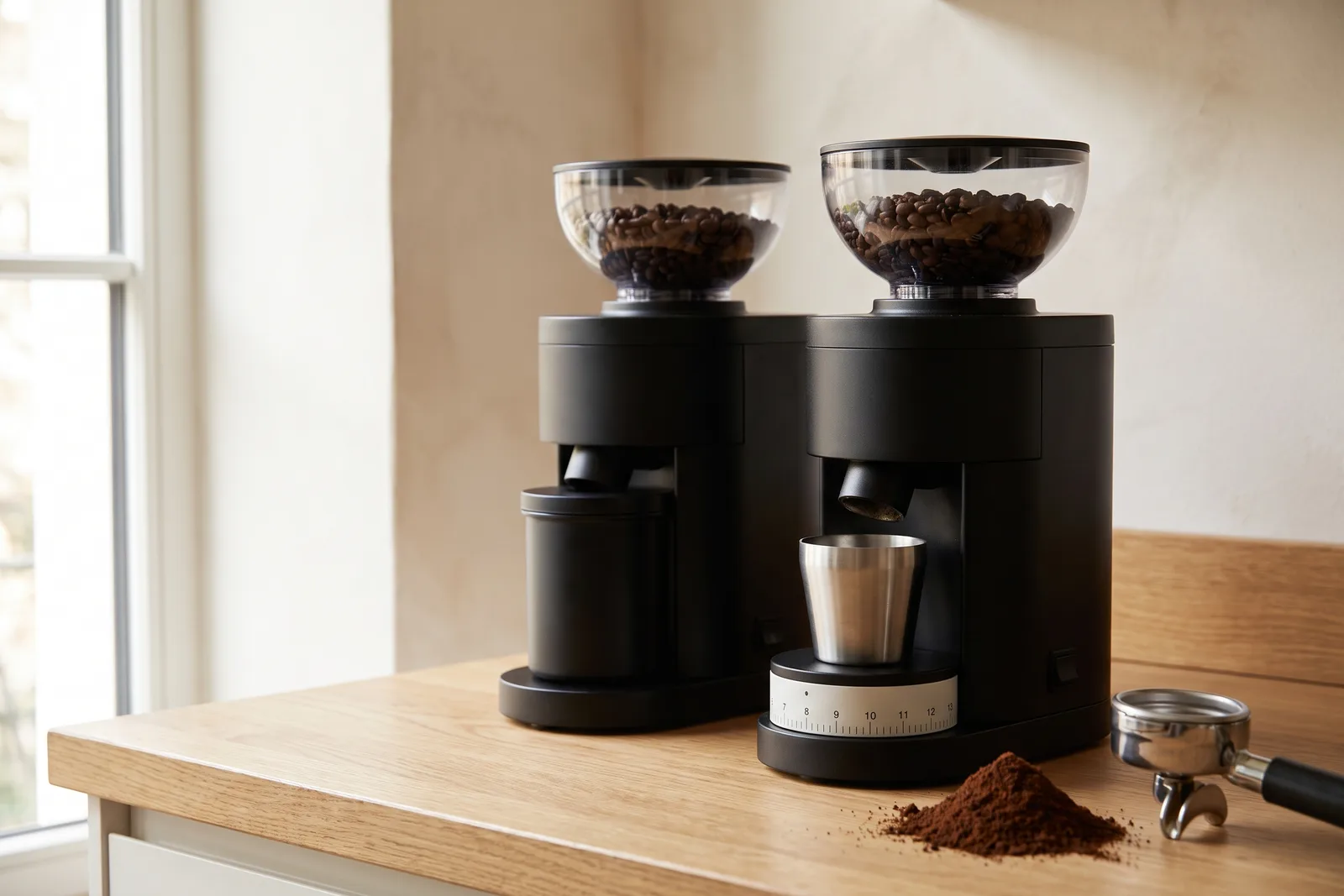 Two matte black Baratza Encore grinders side by side on a wooden counter, the ESP with its dosing cup and numbered ring, with espresso grounds and a portafilter in front.
