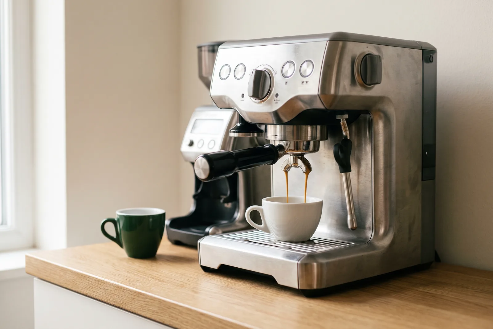 A stainless steel home espresso machine pulling a double shot into a white cup on a light oak counter.