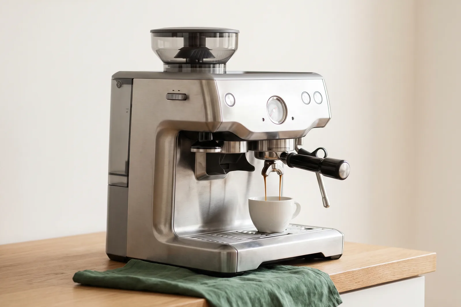 Brushed stainless Breville Barista Express pulling a double espresso, with the pressure gauge mid-range and the bean hopper on top.