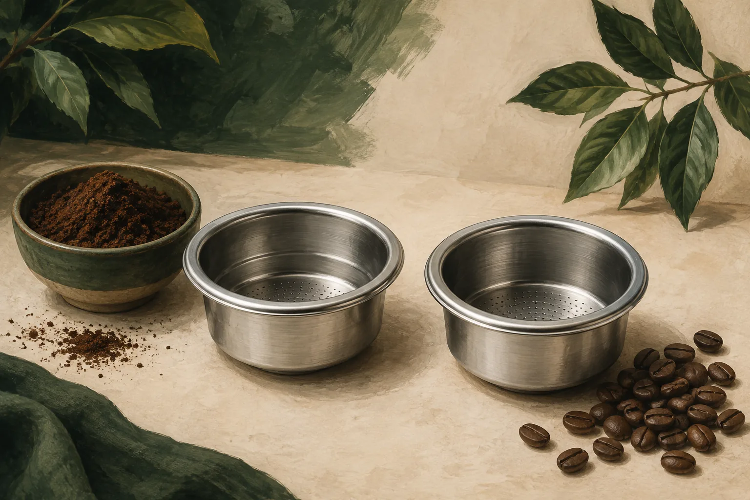 Illustration of two espresso filter baskets with ground coffee and whole beans