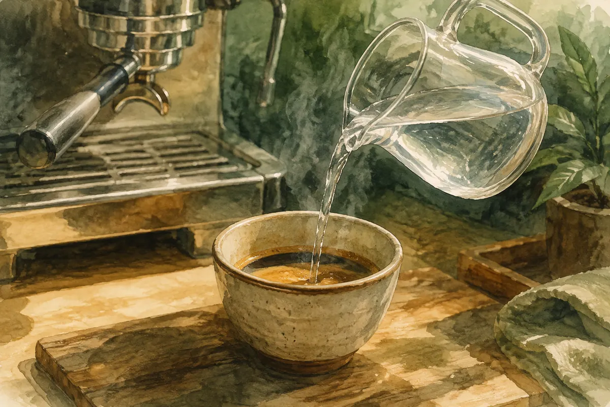 Hot water being poured into espresso after brewing