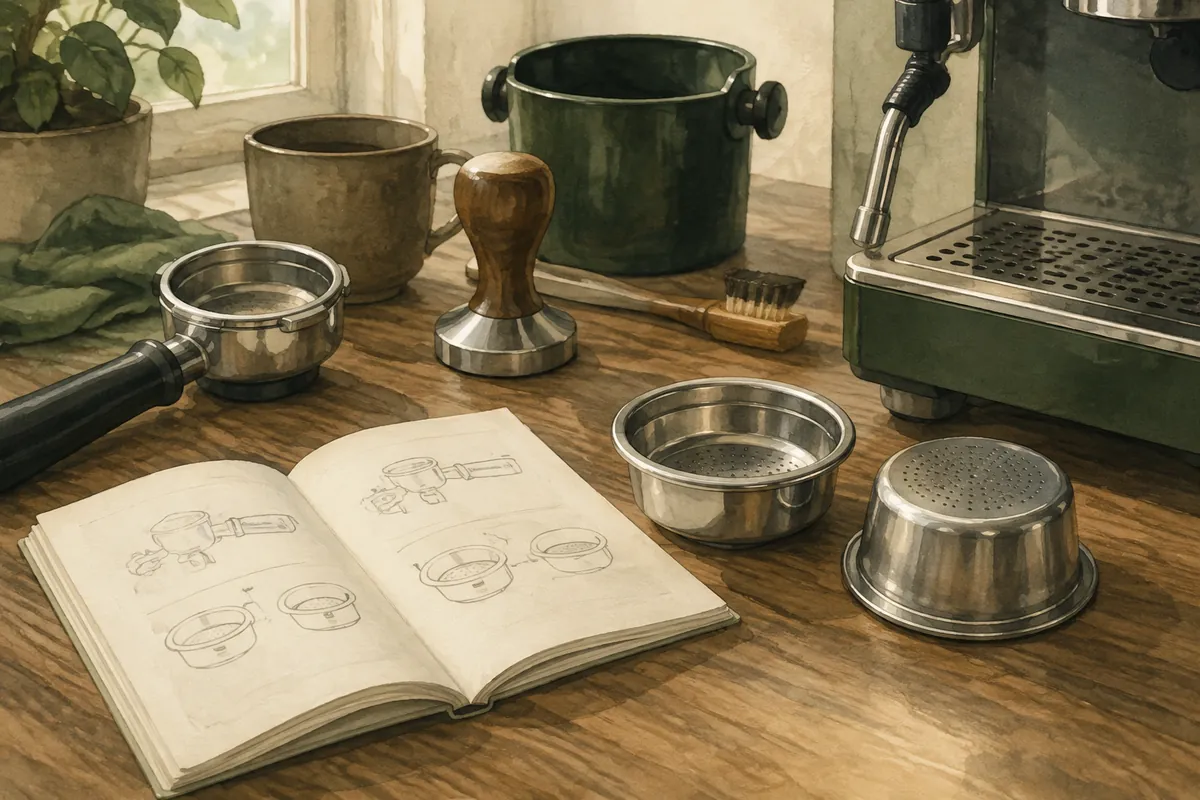 Espresso filter baskets beside an illustrated instruction booklet