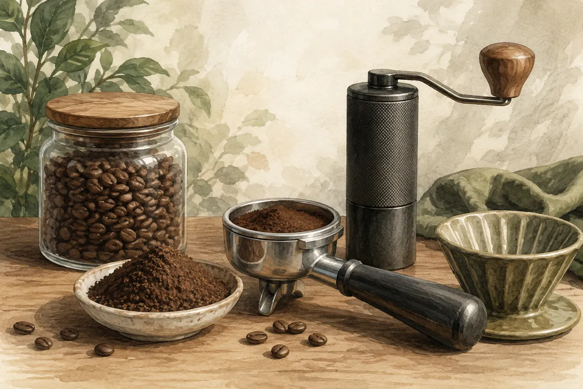 Whole beans, ground coffee, filter basket and hand grinder on a counter
