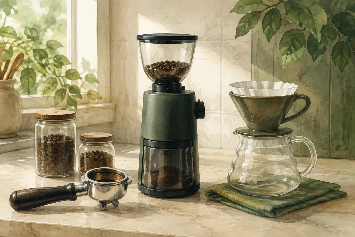 Coffee grinder between an espresso portafilter and a pour-over dripper
