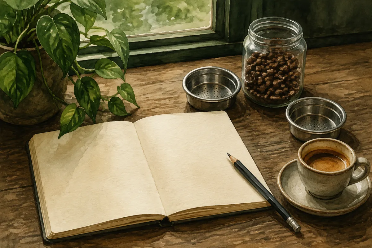Open coffee notebook beside an espresso cup, filter baskets and beans