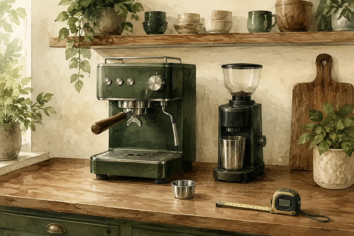 Compact espresso setup with a tape measure and space for handling a dosing cup
