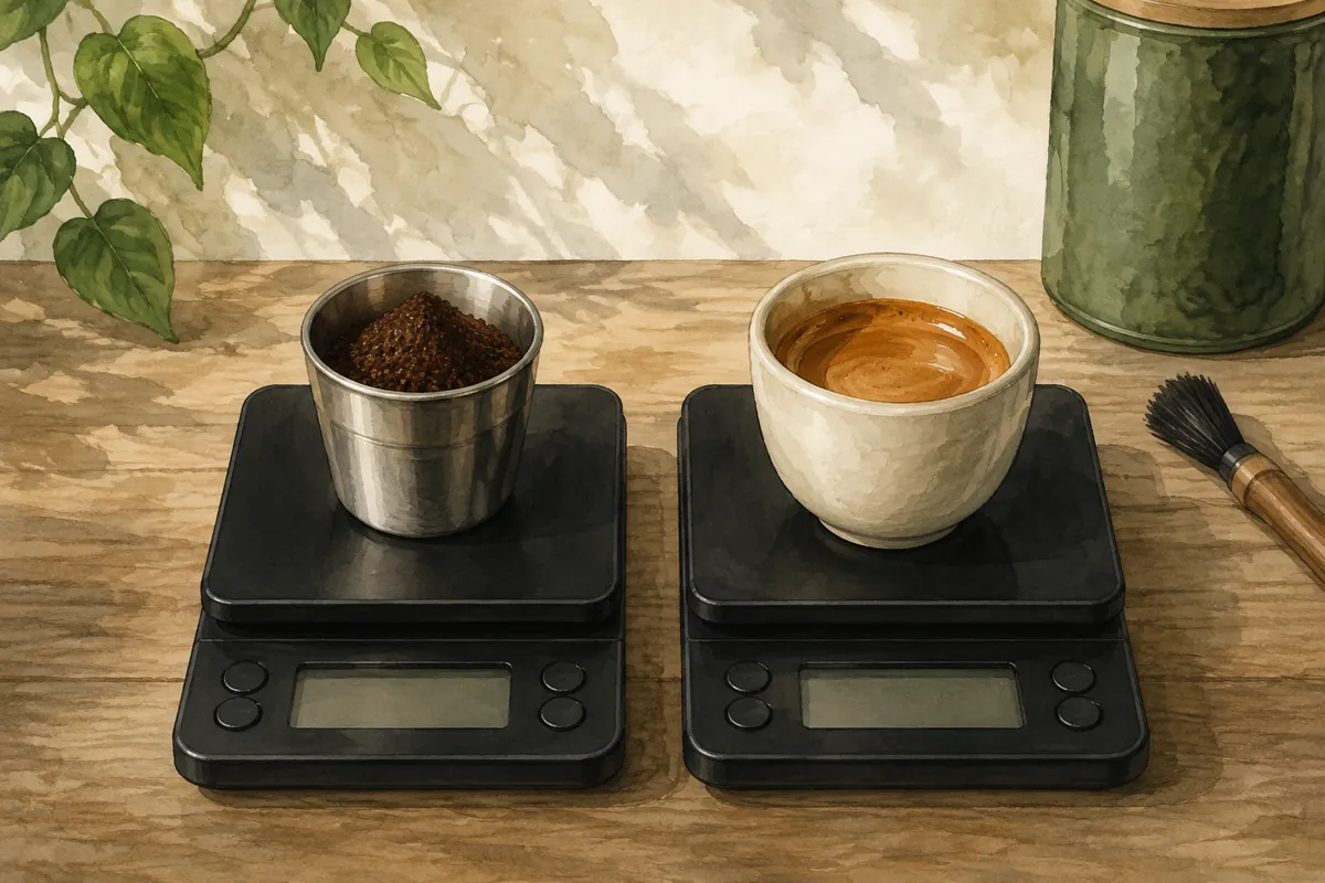 Dry coffee in a dosing cup and brewed espresso measured on separate scales