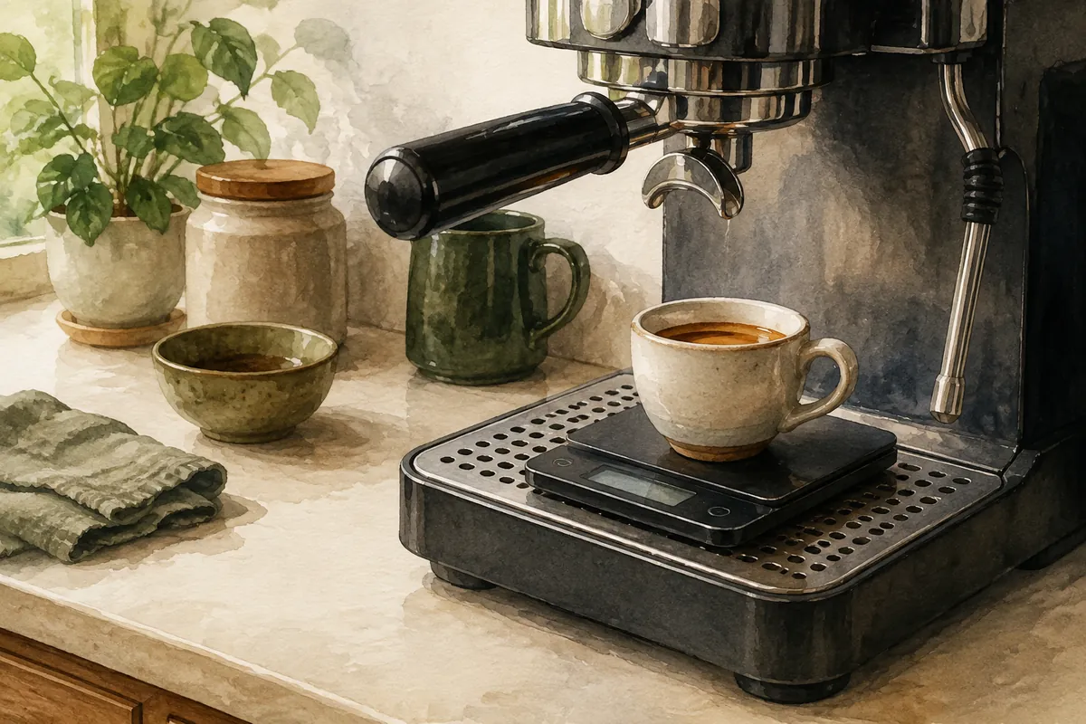 Espresso cup on a digital scale beneath a coffee machine spout