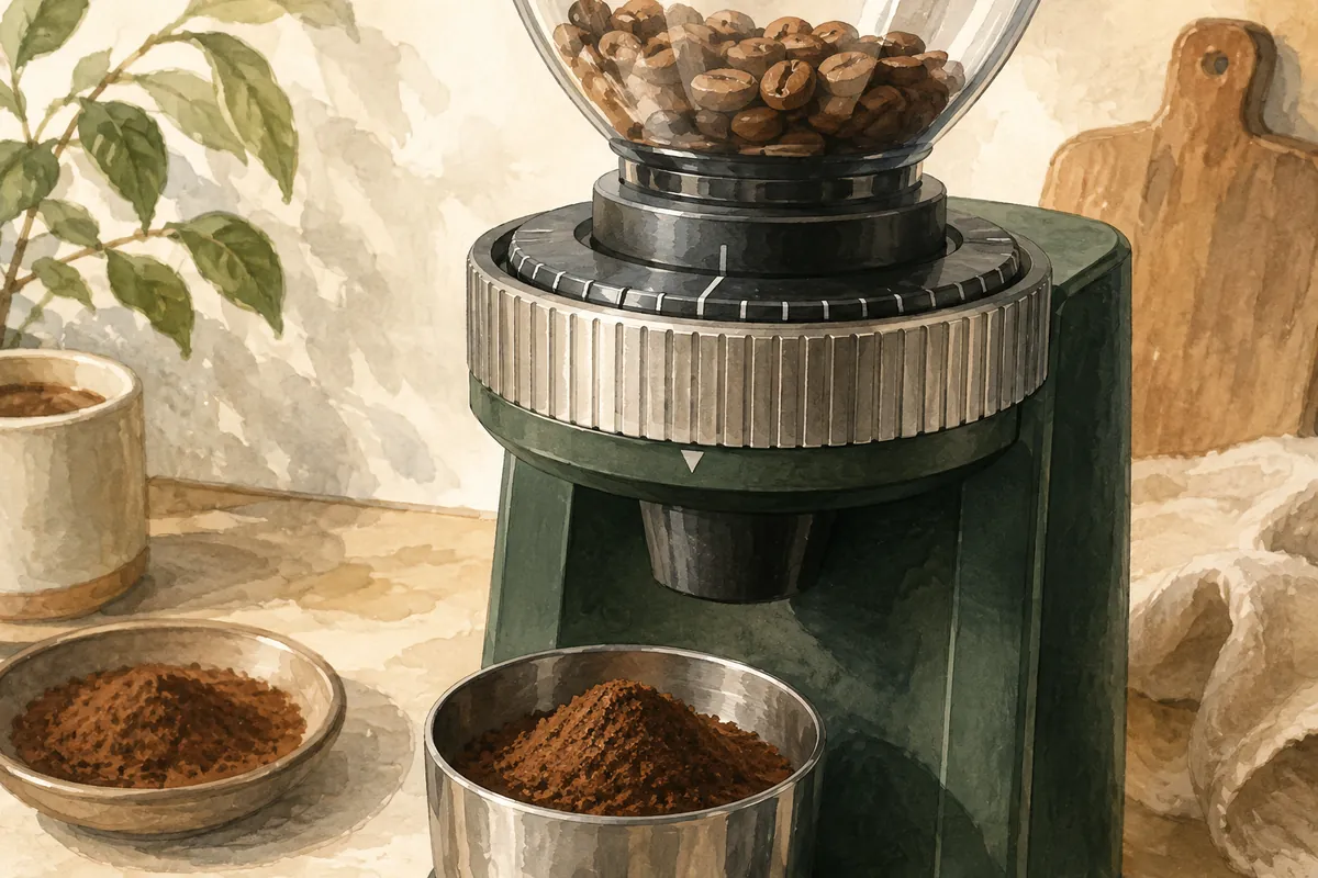 Adjustment collar on a coffee grinder above a dosing cup