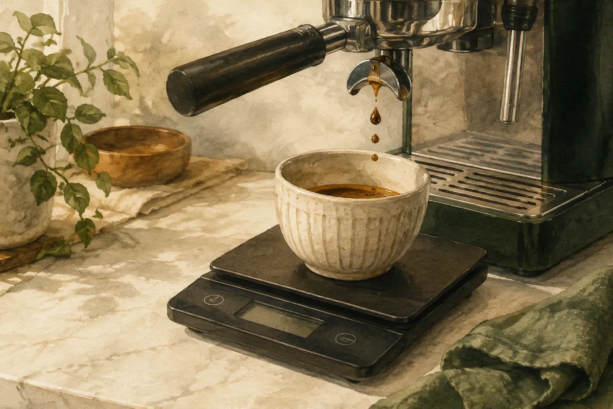 Final coffee drops falling into an espresso cup on a scale