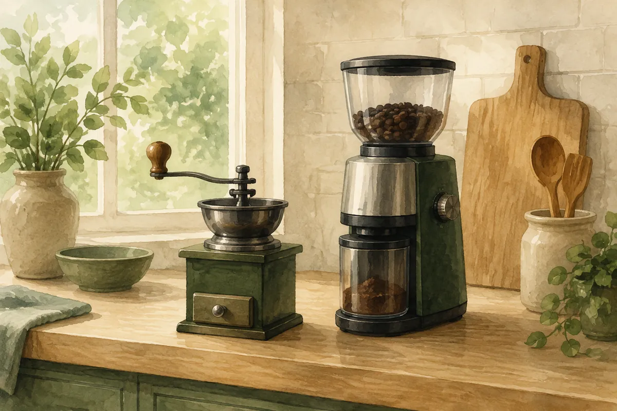 Hand-operated coffee grinder beside an electric burr grinder