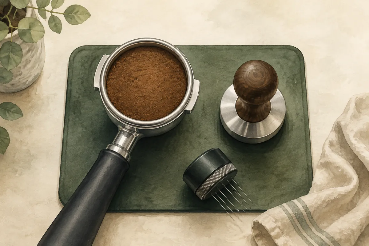 Level coffee grounds in a portafilter beside a tamper and distribution tool
