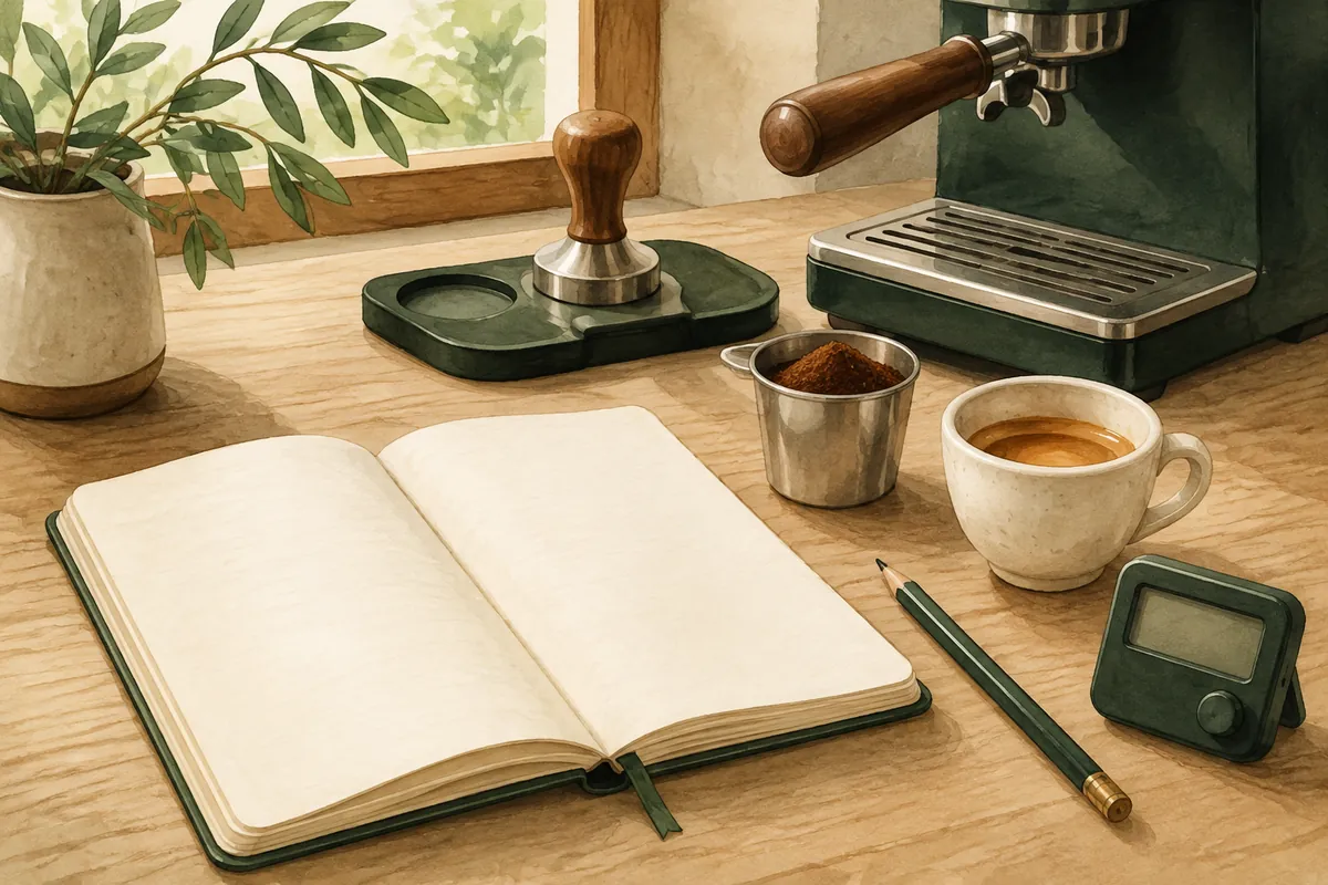 Espresso cup, timer and pencil beside an open recipe notebook