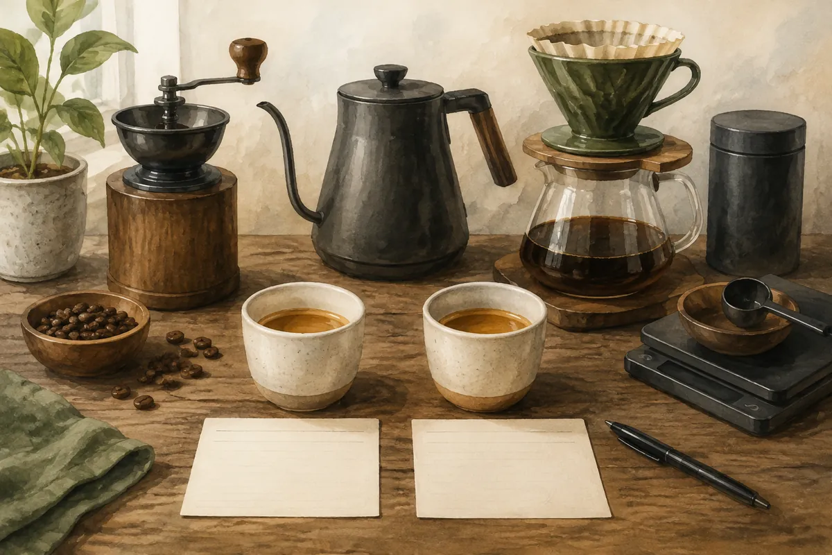 Two matching espresso cups beside blank recipe cards for comparing repeated shots