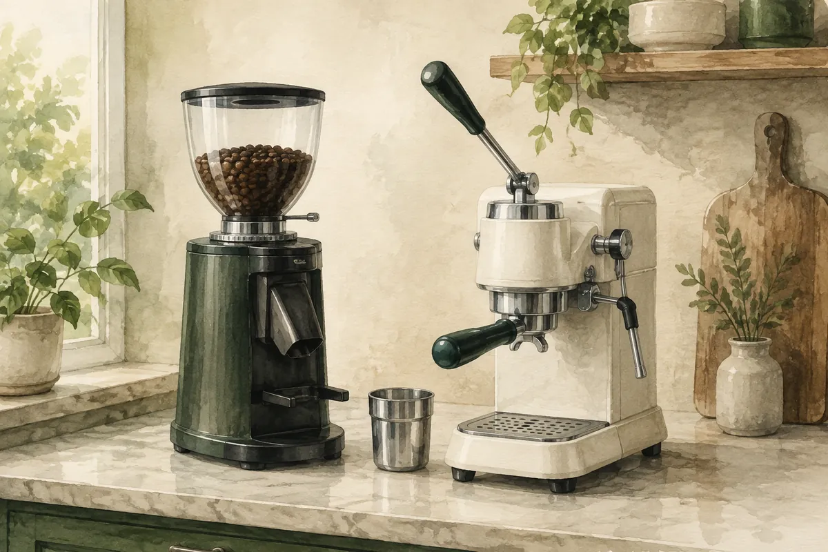 Standalone coffee grinder beside a compact espresso machine and dosing cup