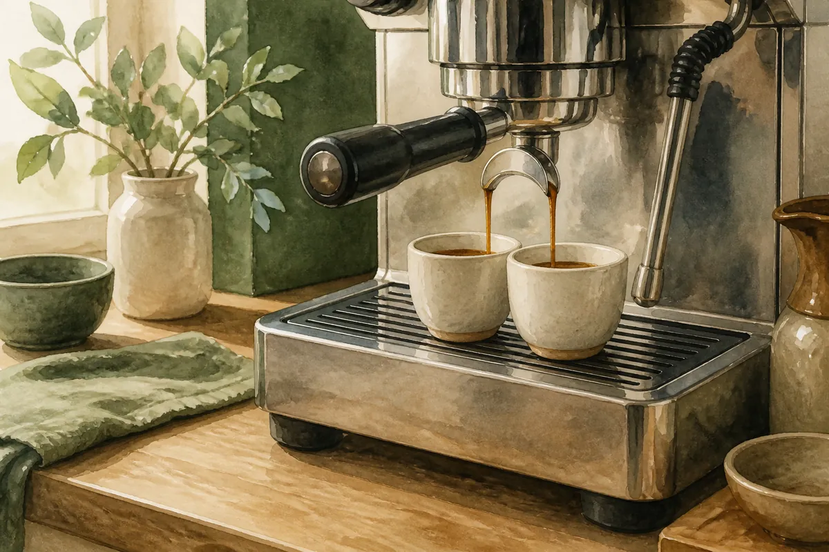 A double-spout portafilter dividing espresso between two cups