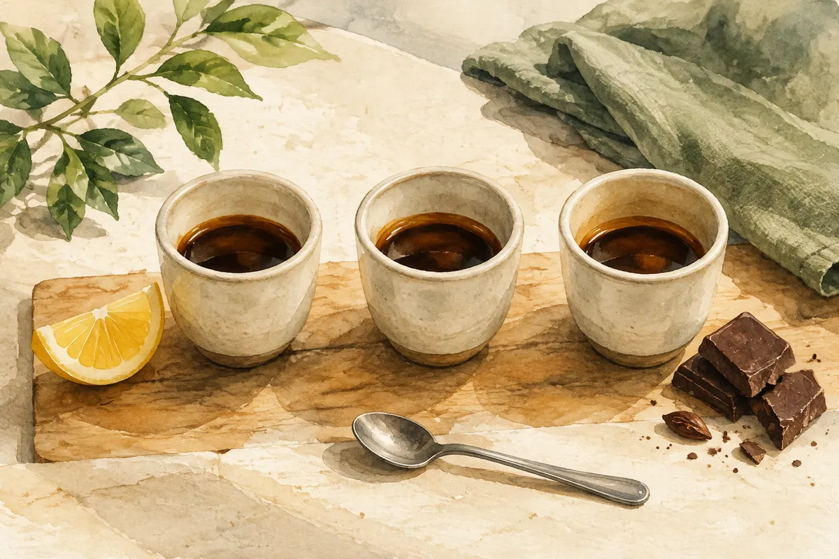 Three espresso cups beside a citrus wedge, chocolate and a tasting spoon