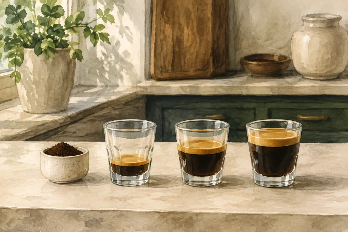 Three espresso glasses containing progressively more coffee beside a dosing cup