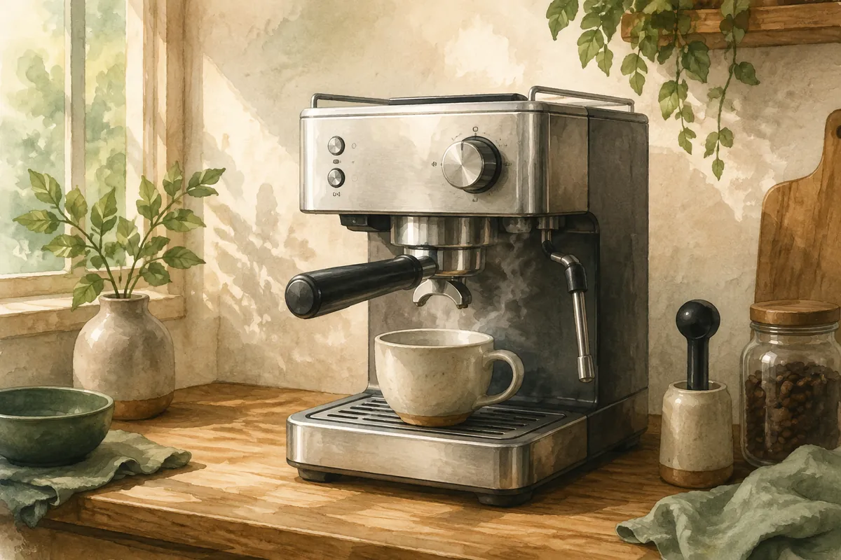 Espresso machine with a locked portafilter and an empty cup ready for brewing