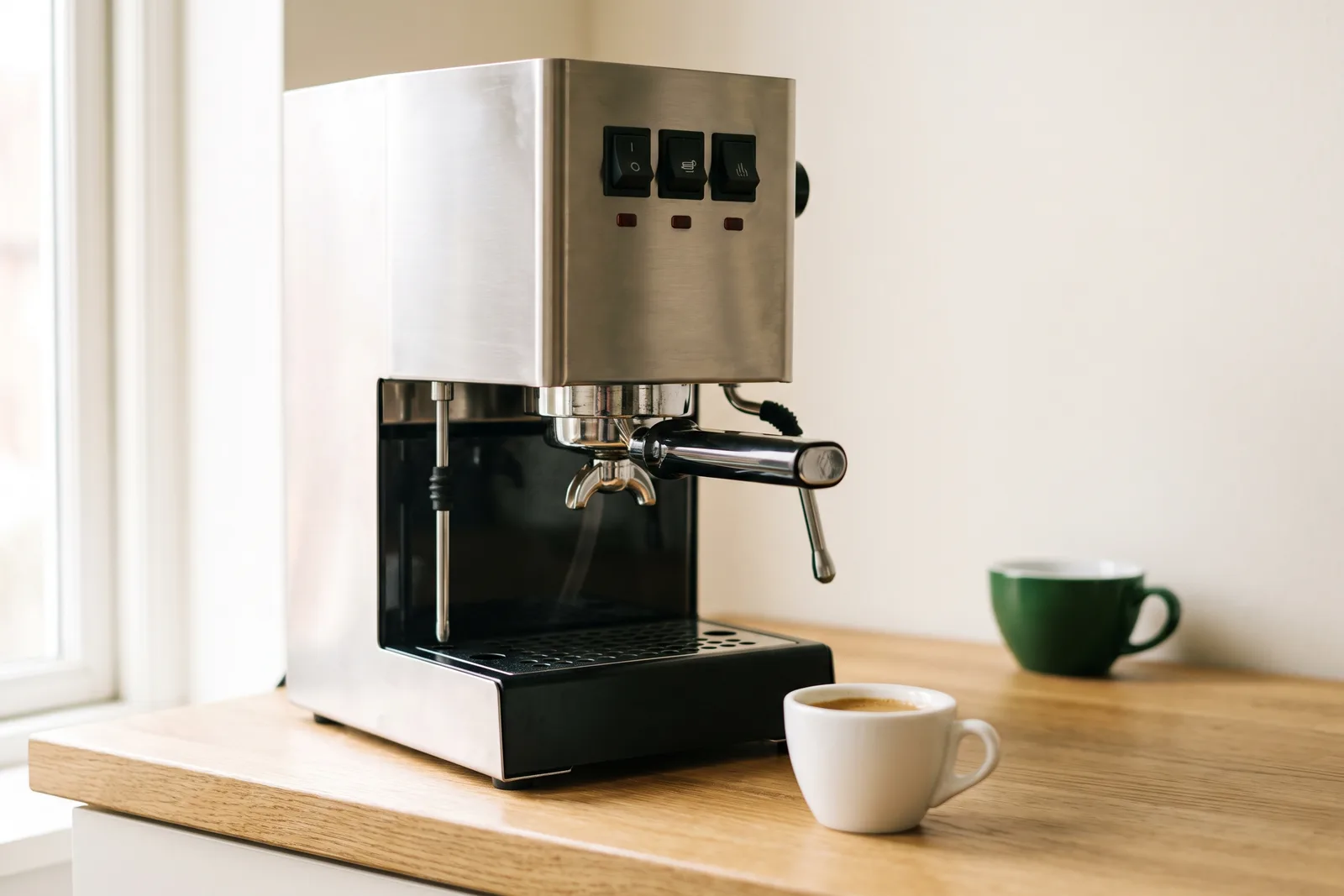 Stainless Gaggia Classic Evo Pro with a 58 mm portafilter locked in and a small pitcher of steamed milk beside it.