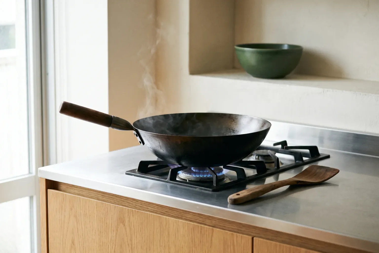 Dark carbon steel wok giving off light smoke over a blue gas flame