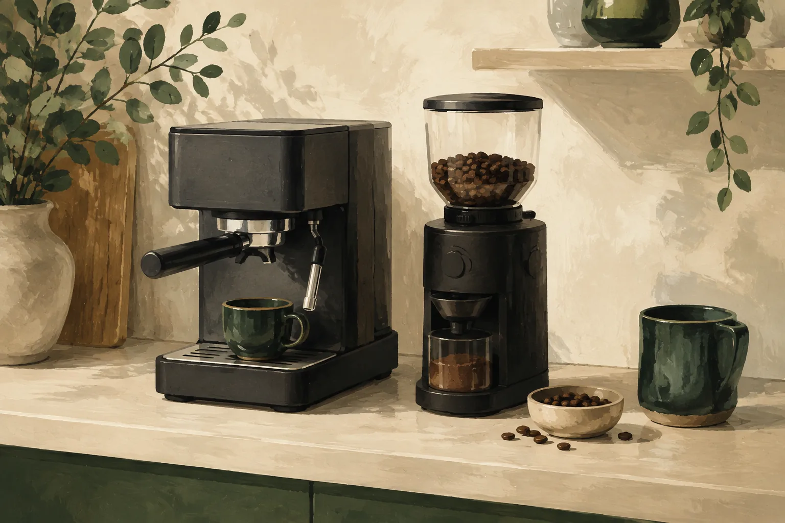 Illustration of a compact espresso machine next to a separate burr grinder
