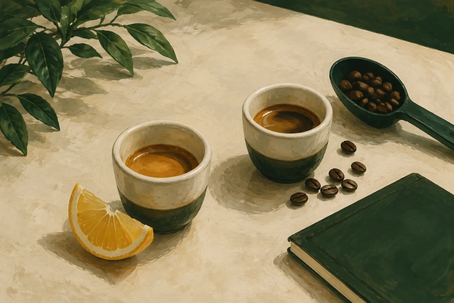 Illustration of two espresso cups beside coffee beans and a citrus wedge