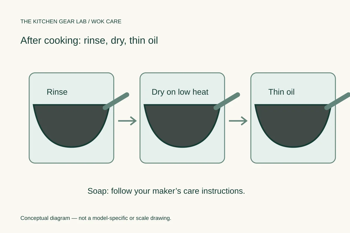 Wok care sequence showing rinsing, drying on low heat and thin oil