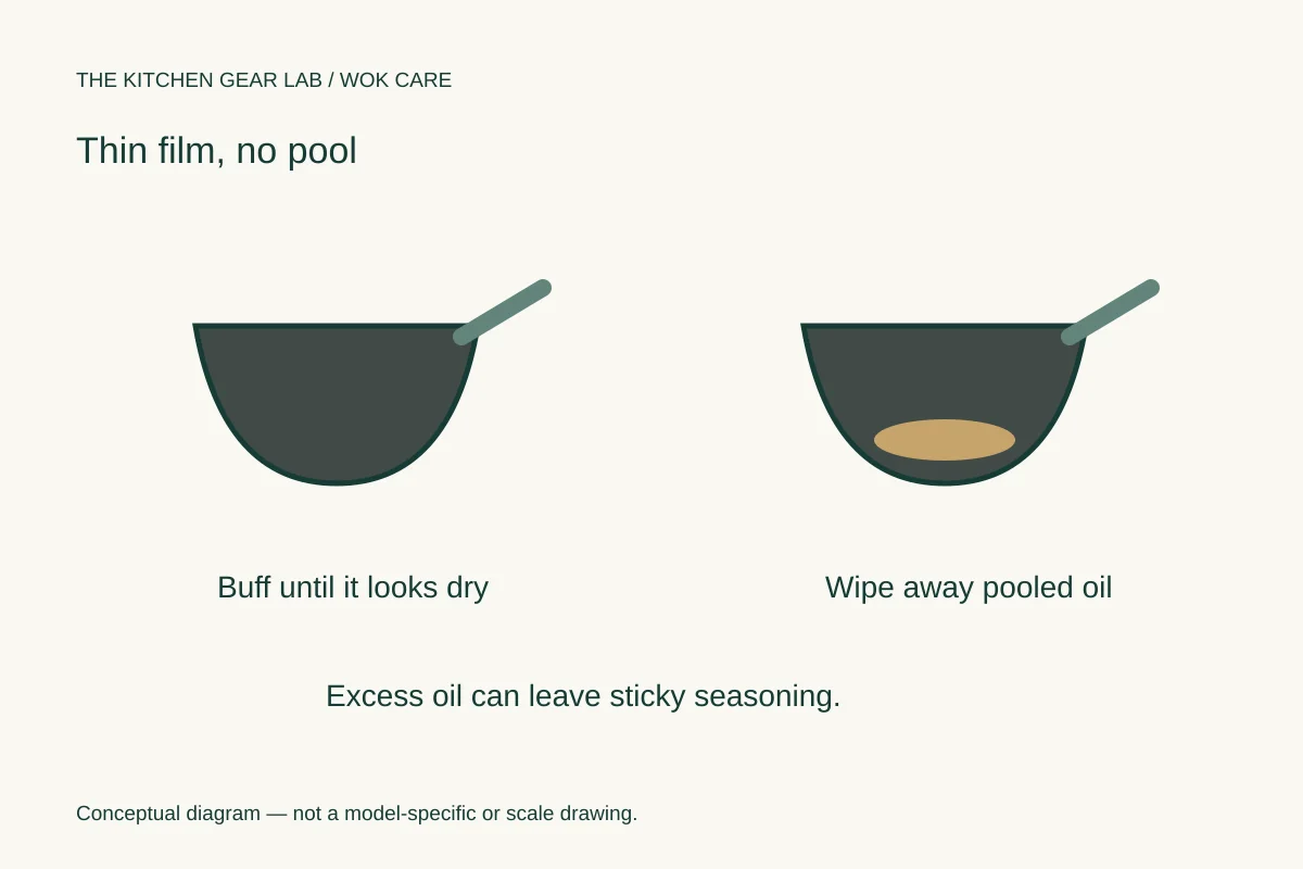 Dry-looking thin oil film compared with excess oil pooled in a wok